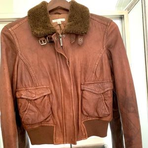 VINCE - 100% Real Leather and Shearling Chocolate Brown Bomber Jacket. Small.